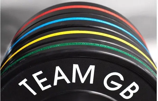 Team GB plates with red, blue, yellow and green rim stripes