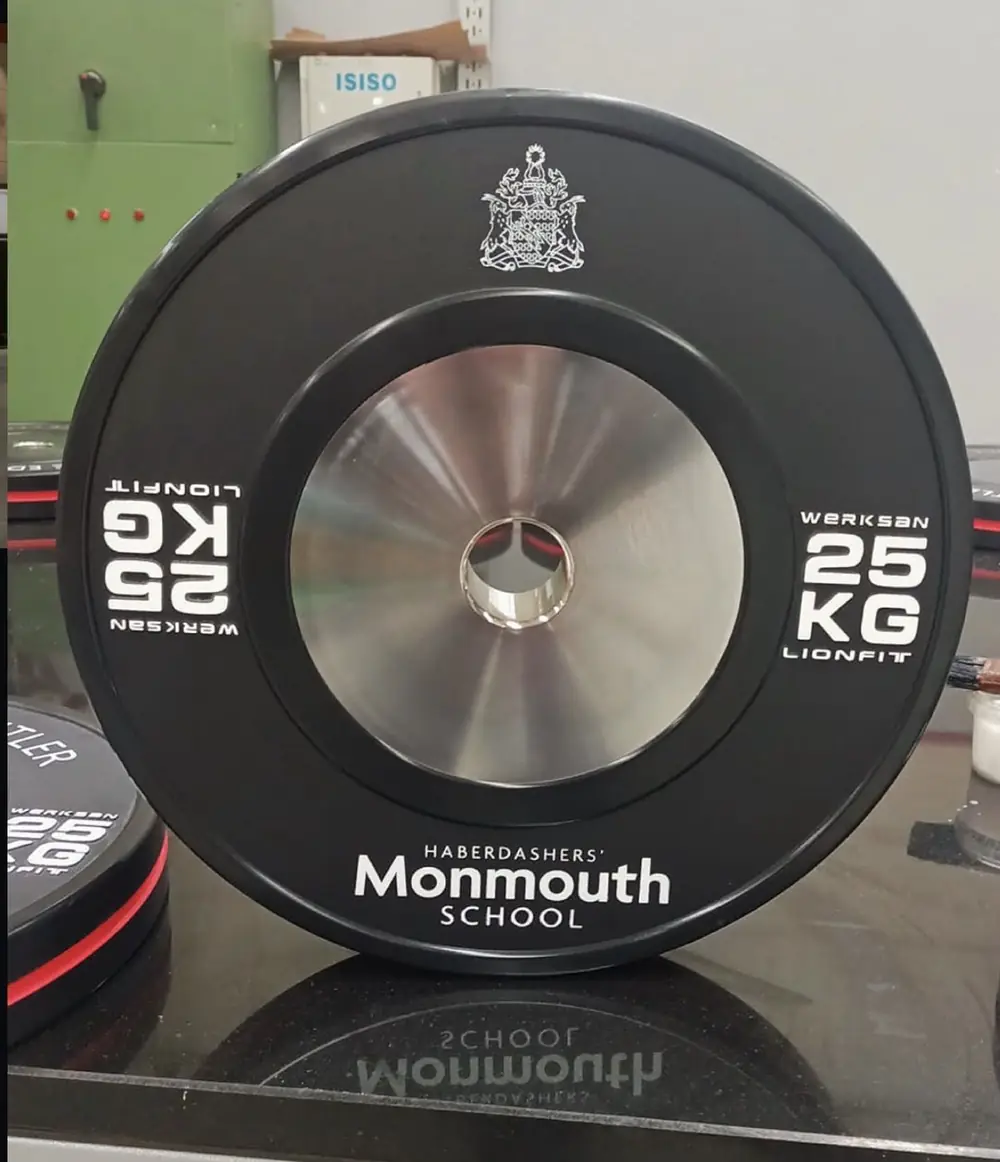 25 kg plate printed with the Haberdashers’ Monmouth School crest
